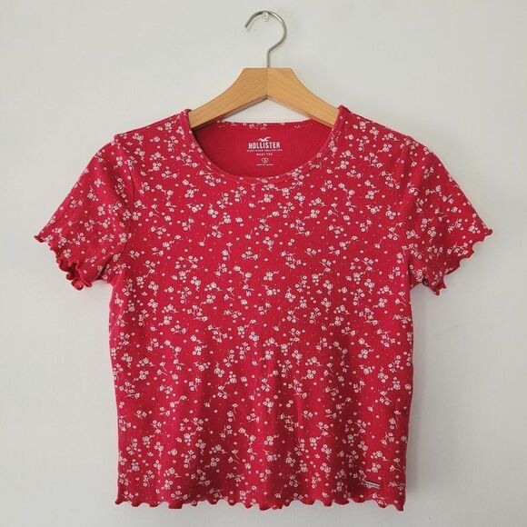 Hollister Baby Tee Lettuce Hem Floral Crop Top Deep Pink White Small - Picture 1 of 5